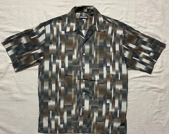Vintage 90s 00s Y2K Mench Patterned Textured Button Down Dress Shirt Brown Gray Large