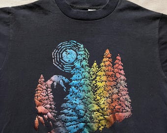 Vintage 90s Canada Nature Forest Foil Print Graphic T-Shirt Black Large