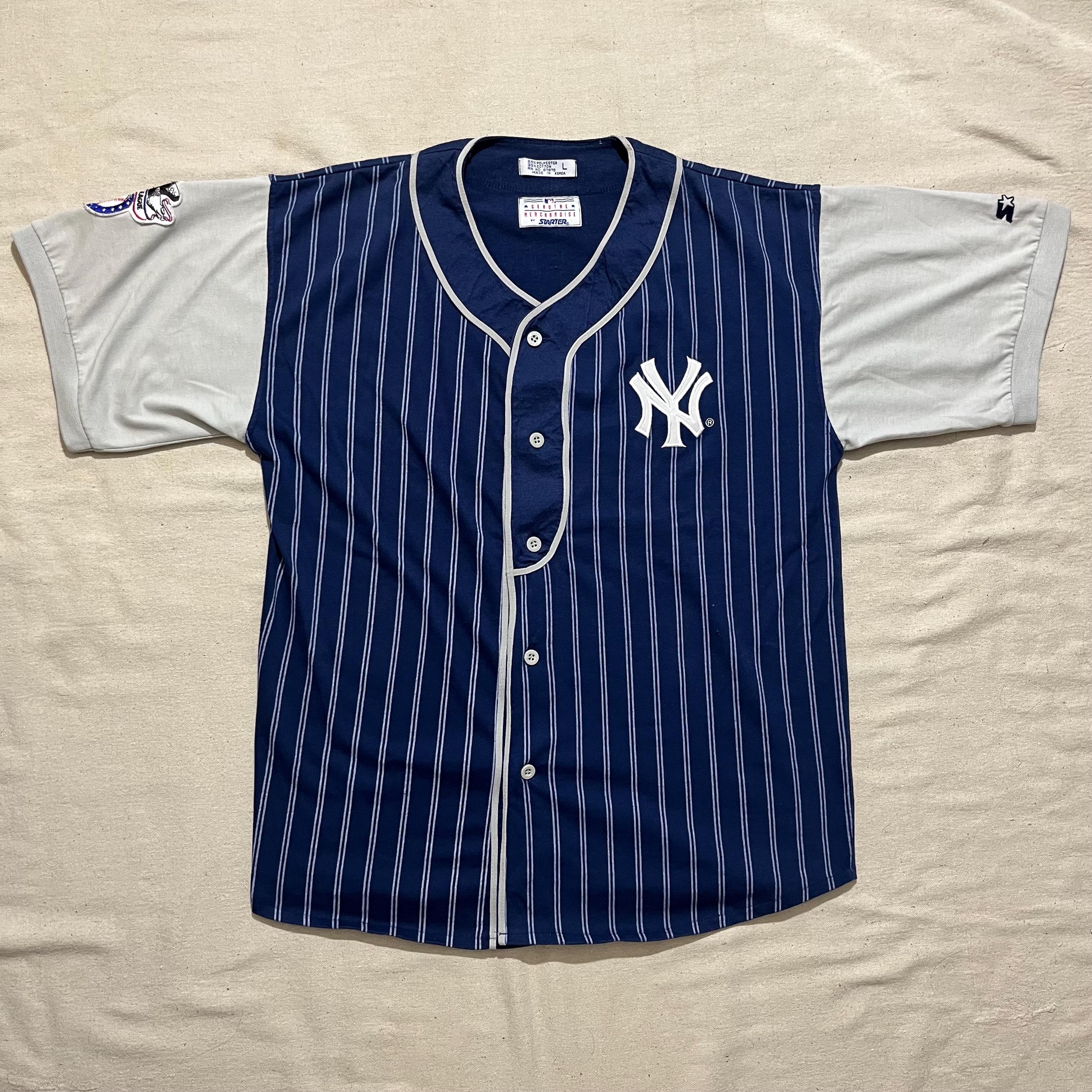 STARTER スターター 90s ニューヨークヤンキース ピンストライプ ベースボールシャツ L程度 WHITE/NAVY 半袖 MLB NY トップス【中古】【STARTER】 STARTER スターター 90s ニューヨークヤンキース ピンストライプ