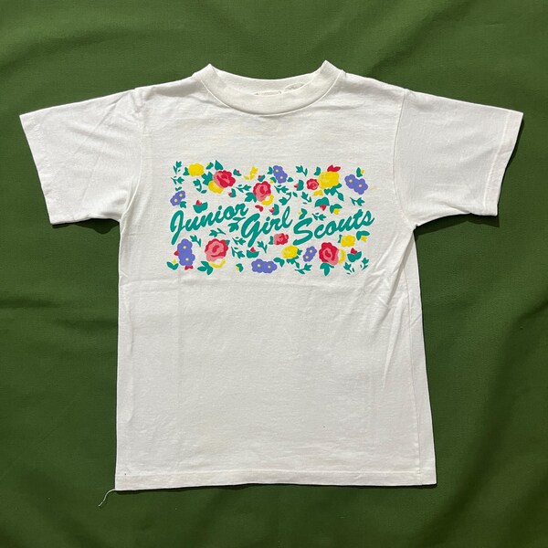 Vintage 80s 90s Kids Youth Junior Girl Scouts Floral Flower Cookies Graphic T-Shirt White Medium
