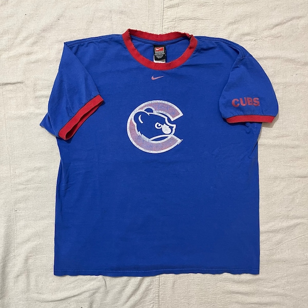 Vintage 00s Nike MLB Chicago Cubs Baseball Graphic Ringer TShirt Blue Large