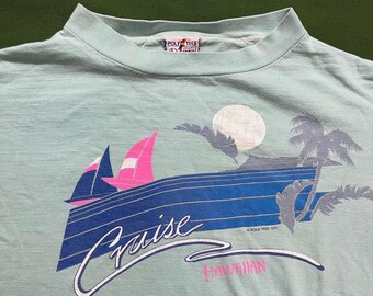 Vintage 80er Jahre Cruise Hawaiian Graphic T-Shirt - Segelboot Ocean Souvenir Blue Large