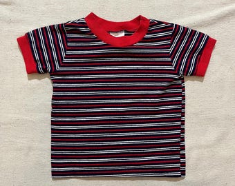 Vintage 80s 90s Kids Baby Toddler Liberty Striped T-Shirt Red Blue White Size 24 Months