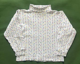 Vintage 90s Kids Youth Honors Heart Floral Flower Turtleneck Top Longsleeve Shirt White Purple Pink Medium