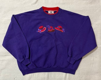 Vintage 90s Embroidered Top Hat Crewneck Sweatshirt - Purple Medium Petite