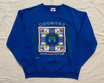 Vintage 90s Country Crafts Graphic Sweatshirt - Cottagecore Blue Large