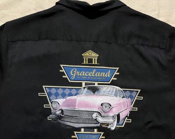 Vintage 00s Y2K Graceland Elvis Presley Short Sleeve Button Down Shirt Black 2XL XXL