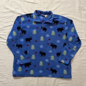Vintage 90s Cherokee Bear Woods Forest Nature Winter Print Quarter Zip Fleece Jacket Blue XL