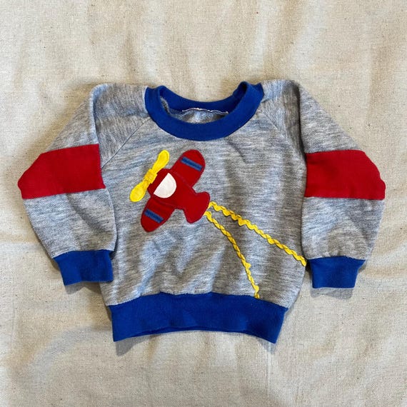 Vintage Two-Tone Airplane Sweater: 70s 80s Kids Pullover