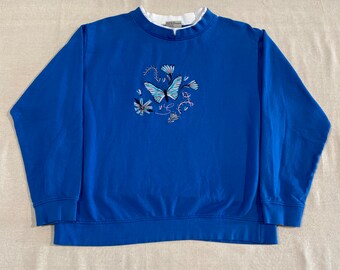 Vintage 00s Y2K Butterfly Bug Insect Animal Nature Grandma Crewneck Sweatshirt Blue XL
