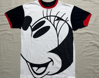 Vintage 90s Disney Micky Maus Ringer T-Shirt, großes Gesicht Grafik (L/XL)