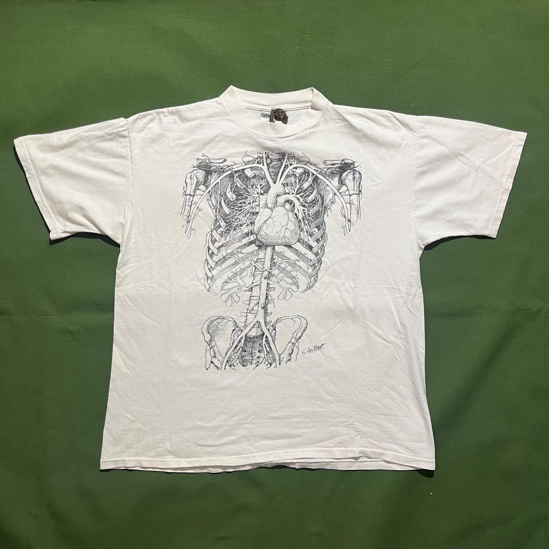 Vintage 80s/90s Skeleton Heart Anatomy Science Graphic T-shirt White XL ...