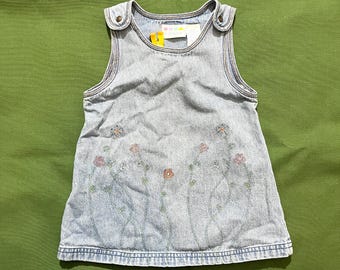 Vintage 90s Miniwear Girls Denim Dress Floral Flower Embroidered Blue Kids Baby Toddler 24 Months