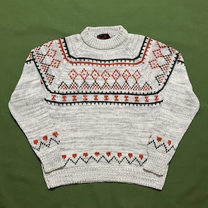 Vintage 80s/90s Sigallo Patterned Knit Pullover Acrylic Mock Neck Sweater Gray Orange Size Large