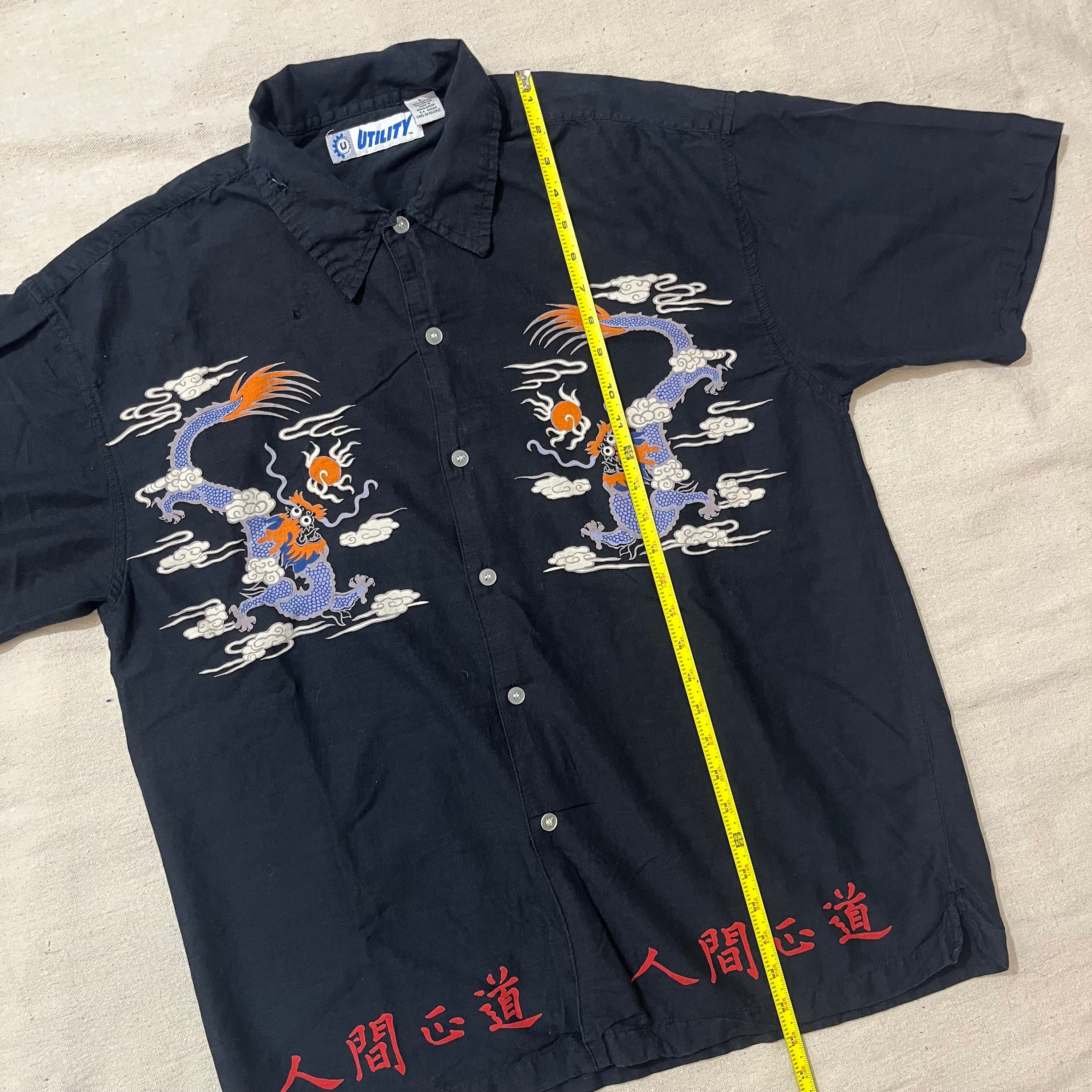 Vintage 00s Y2K Utility Chinese Dragon Cotton Rayon Button Down