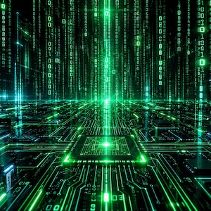 May include: A digital landscape featuring a central square computer processor chip on a dark circuit board, surrounded by glowing green lines and vertical streams of binary code consisting of zeros and ones, creating a high-tech data environment.