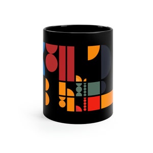 Black Mug with Generative Modern Abstract Art Design, Blue, Yellow, Red