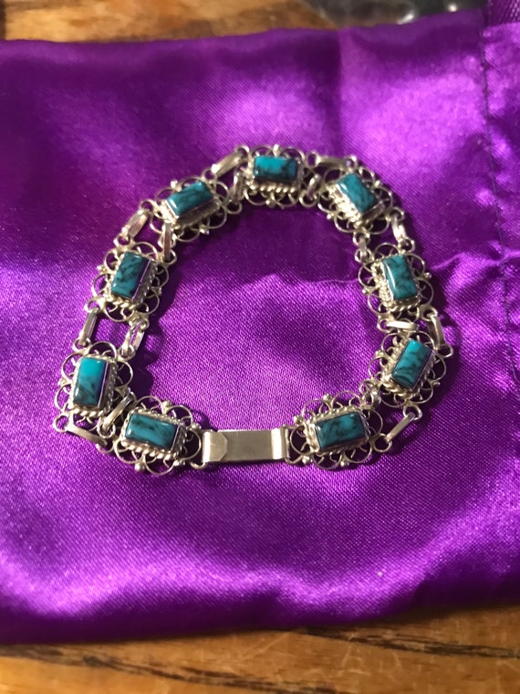 Vintage Sterling Silver Turquoise, Ornate, Bracele