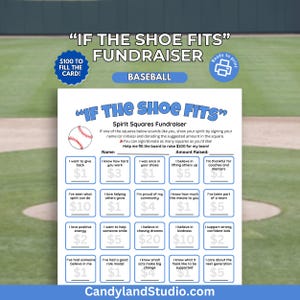 May include: A baseball-themed fundraiser card with the text "If the Shoe Fits." The card features a baseball graphic and spirit squares with donation amounts. The card is designed to raise £100 for a team.