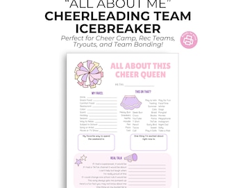 May include: A printable "All About Me" Cheerleading Team Icebreaker sheet. The sheet features fill-in-the-blank sections for favorites, this or that, real talk, and a cheerleading graphic. The text "CandylandStudio.com" is at the bottom.
