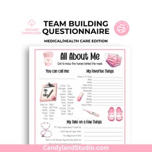 May include: A pink and white printable team building questionnaire for medical and healthcare professionals. The questionnaire asks questions such as "You can call me", "My Favourite Things", and "My Take on a Few Things".