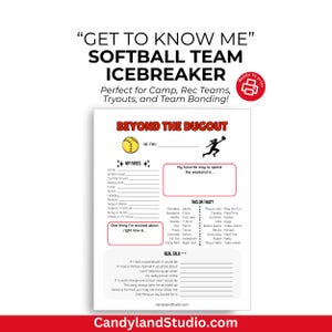 May include: A printable softball team icebreaker sheet with the text "Get to Know Me." The design includes fill-in-the-blank sections for favorites, weekend plans, and "This or That" questions. The bottom of the sheet has the website address CandylandStudio.com.