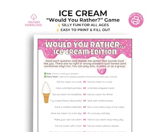 Ice Cream Social Would You Rather Printable Game for Summer Birthday Party, Family Reunion Church Group Activity, PDF