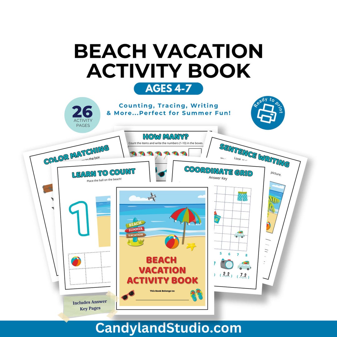 Beach Vacation Activity Book for Preschool, Kindergarten, 1st Grade ...