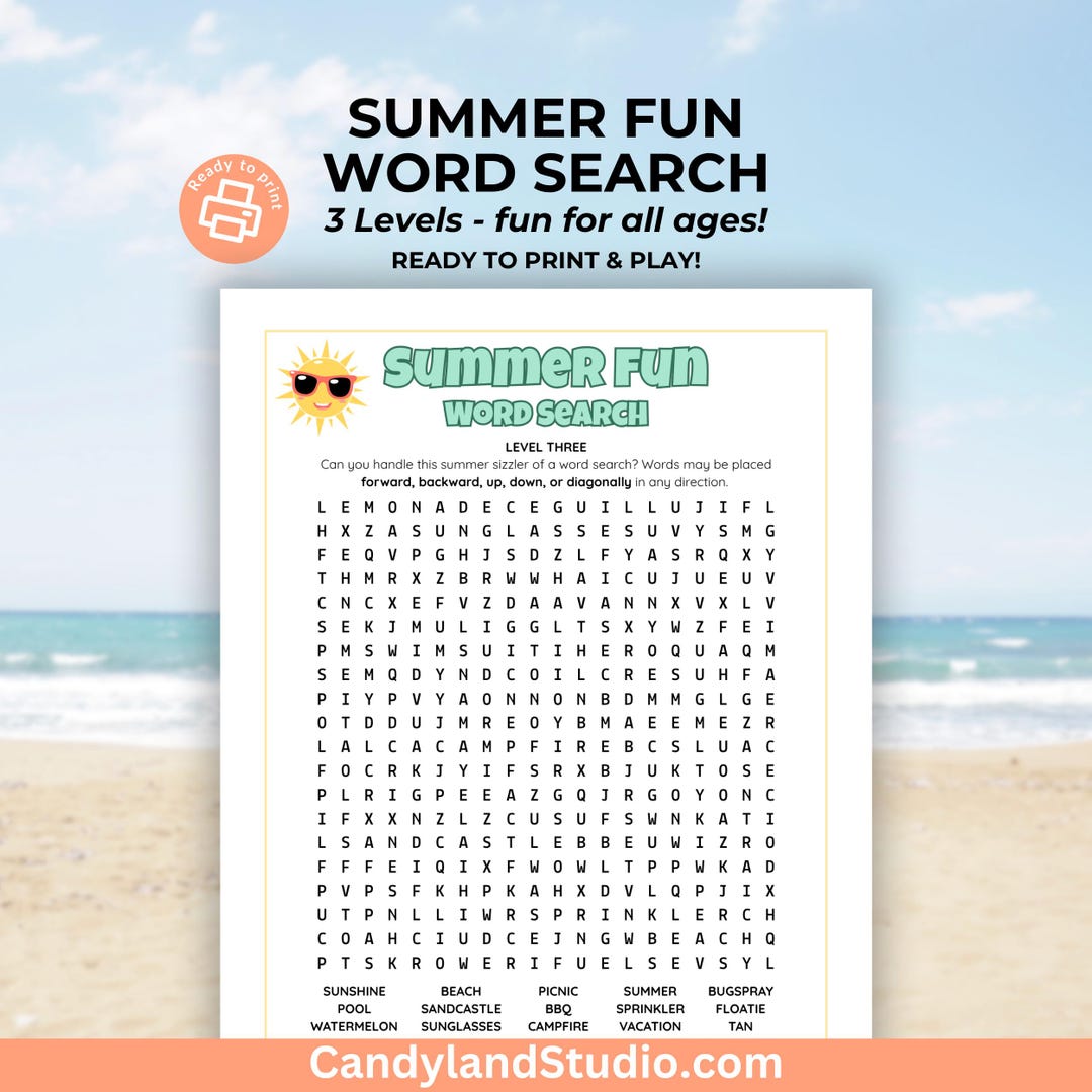 Summer Fun Word Search Printable, 3 Difficulty Levels + Answer Keys ...