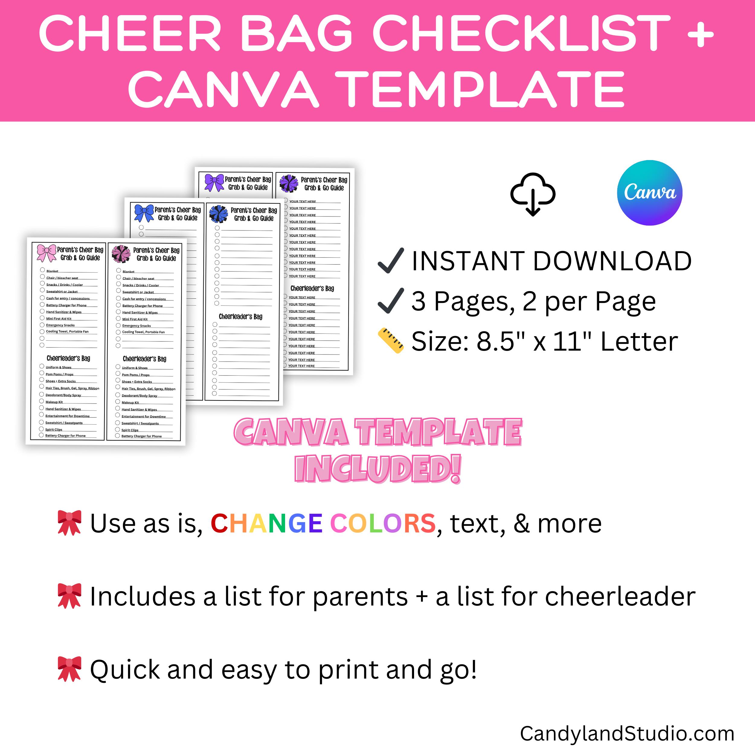 Cheerleading Bag Checklist, Printable Packing List + Canva Template for ...