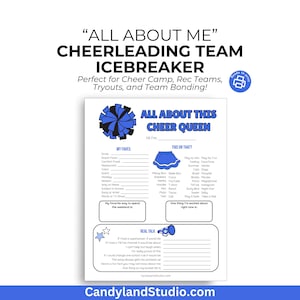 Cheer Team Icebreaker Printable All About Me for Cheerleader Camp Activity, Rec Team Bonding Worksheet for Tween Teen Girls Royal Blue Black