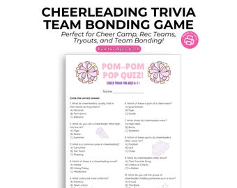 May include: A white printed trivia game sheet with the text "CHEERLEADING TRIVIA TEAM BONDING GAME" and "POM-POM POP QUIZ!" for ages 6-11. The game includes multiple-choice questions about cheerleading.