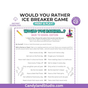Back to School Would You Rather Printable Game, Icebreaker Activity for Elementary Students, First Week of School Worksheet, Print & Play
