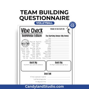 May include: Black and white printable team building questionnaire for volleyball players. The questionnaire includes sections titled "Vibe Check", "This or That", "Quick Dig", and "Real Talk".