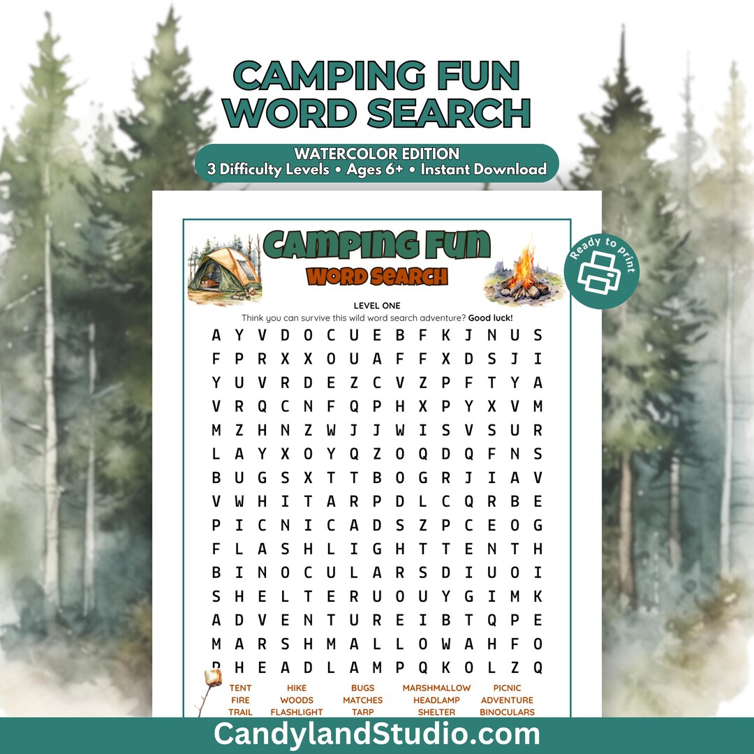 Watercolor Camping Word Search | 3 Level Printable Activity | Senior