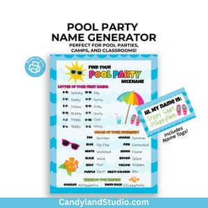 Puede incluir: Un colorido generador de nombres para fiestas en la piscina con un borde azul, con un sol, un paraguas y texto. Incluye etiquetas con nombres. El texto dice "Pool Party Name Generator" y "Find Your Pool Party Nickname."