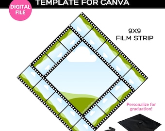 May include: A printable template for a graduation cap topper featuring a 9x9 film strip design with a blue sky, green hills, and white clouds. The template is designed for use with Canva.
