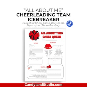 Cheer Team Icebreaker Printable All About Me for Cheerleader Camp Activity, Rec Team Bonding Worksheet for Tween Teen Girls Red & Black