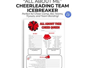 May include: A printable cheerleading icebreaker game with the text "ALL ABOUT THIS CHEER QUEEN". The game includes fill-in-the-blank sections for favorites, this or that, real talk, and weekend activities. The game is designed for cheer camp, tryouts, and team bonding.