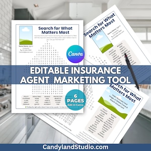 Editable Insurance Theme Word Search Canva Template for Agents, Marketing Flyer Tool, Add Business Card Photo, Horizontal & Vertical Layouts