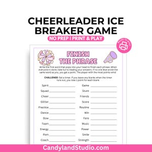 Finish the Phrase Cheerleading Icebreaker Printable Party Game for Cheer Camp Activity, Rec Team Bonding, Worksheet for Tween Teen Girls