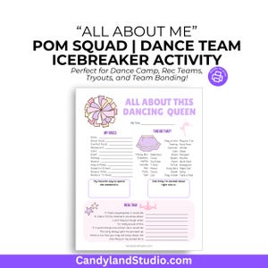 Poms Squad Icebreaker Printable “All About Me” Questionnaire for Dance Camp Activity, Rec Team Bonding, Worksheet for Tween Teen Girls