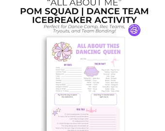 May include: A printable "All About Me" icebreaker activity sheet for dance teams and pom squads. The sheet features fill-in-the-blank sections for favorites, this or that, and real talk. The design includes a pom-pom graphic and the text "CandylandStudio.com".