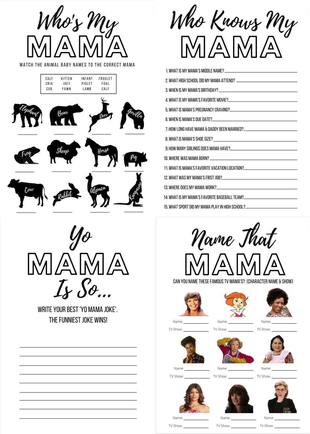4 Pack Mama Themed Baby Shower Games Etsy