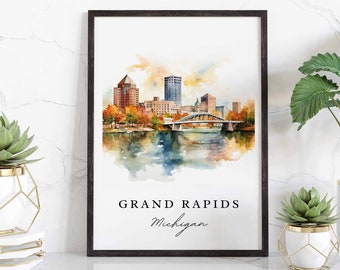 Grand Rapids traditional travel art - Michigan, Grand Rapids poster, Wedding gift, Birthday present, Custom Text, Personalized Gift