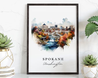 Spokane traditional travel art - Washington, Spokane poster, Wedding gift, Birthday present, Custom Text, Personalized Gift