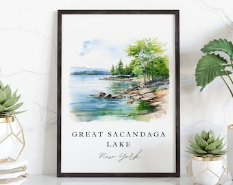 Sacandaga Lake traditional travel art - New York, Sacandaga Lake poster, Wedding gift, Birthday present, Custom Text, Personalized Gift