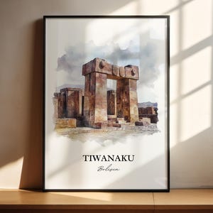 Tiwanaku Wall Art, Lake Titicaca Print, Bolivia Watercolor Art, Tiwanaku Bolivia Gift, Travel Print, Travel Poster, Housewarming Gift