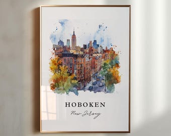 Sztuka ścienna Hoboken, wydruk Hoboken NJ, akwarele Hoboken, prezent z Hoboken, plakat podróżniczy, prezent na parapetówkę