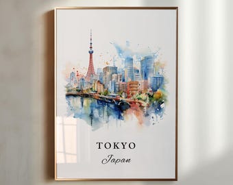 Lámina artística de paisaje urbano de Tokio, Japón, en acuarela – Póster de viaje personalizado